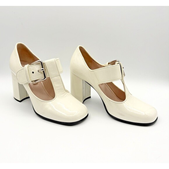 Miu Miu White Patent Leather Mary Jane Heels T-Strap Block Heel Sz EU 35.5 - Picture 3 of 13